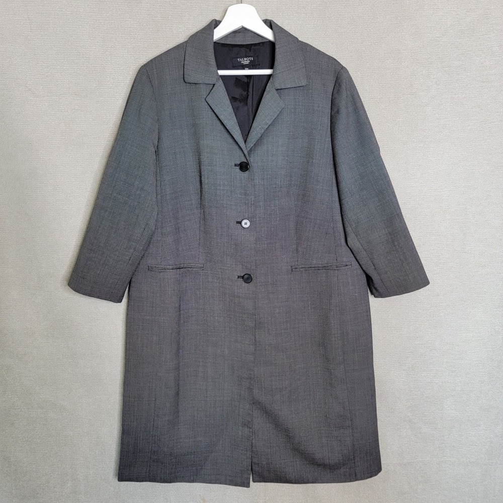 Talbots Jacket Long Wool Blend Trench Blazer Size 12W 3/4 Sleeve Capsule